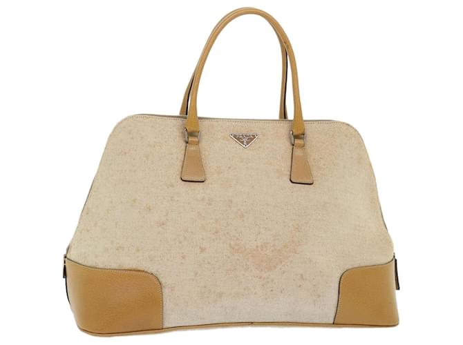 PRADA Bolso de mano Lona Cuero Beige Auth 51816 Lienzo  ref.1046384