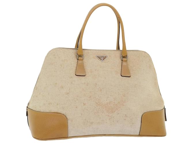 PRADA Hand Bag Canvas Leather Beige Auth 51816 Cloth  ref.1046384