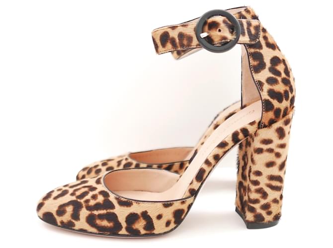 Gianvito Rossi leopard calf hair ankle strap pumps Brown Leather  ref.1046542