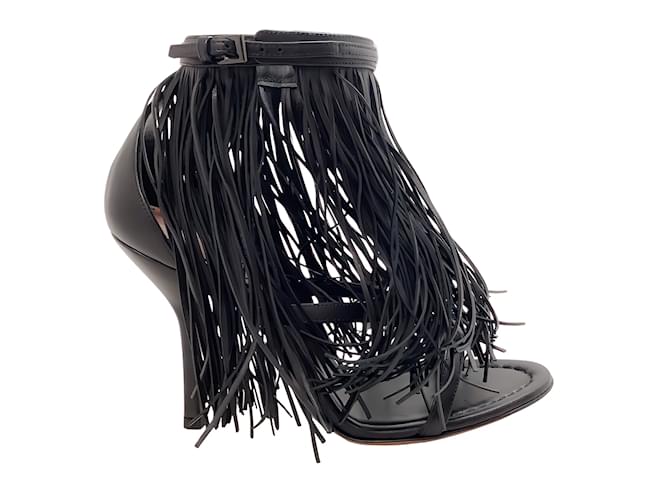Alaïa Alaia Black Leather Maxi Fringe Sandals with Ankle Strap  ref.1046582
