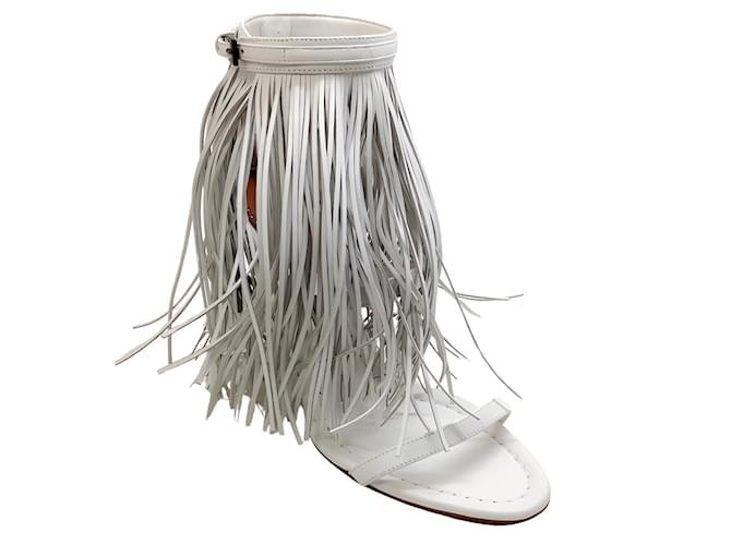 Alaïa Alaia White Leather Maxi Fringe Sandals with Ankle Strap  ref.1046587