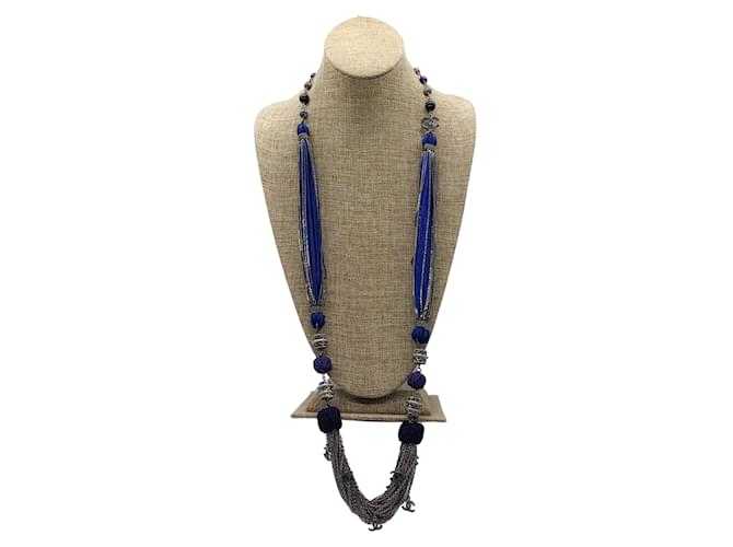 Necklaces Chanel Chanel Blue / Silver 2010 CC Logo Multi Chain and Thread Long Station Necklace