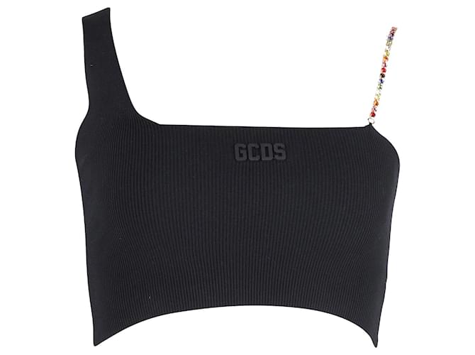 GCDS Crystal Chain Strap Ribbed Crop Top in Black Cotton  ref.1046773