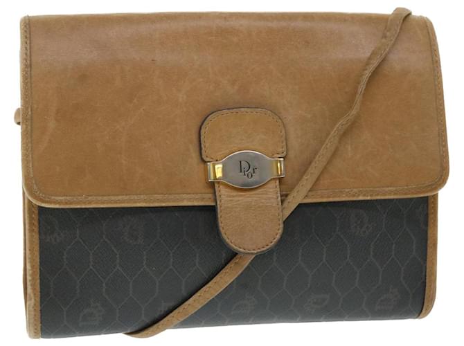 Christian Dior Honeycomb Canvas Shoulder Bag PVC Leather Brown Black Auth bs7613  ref.1046843