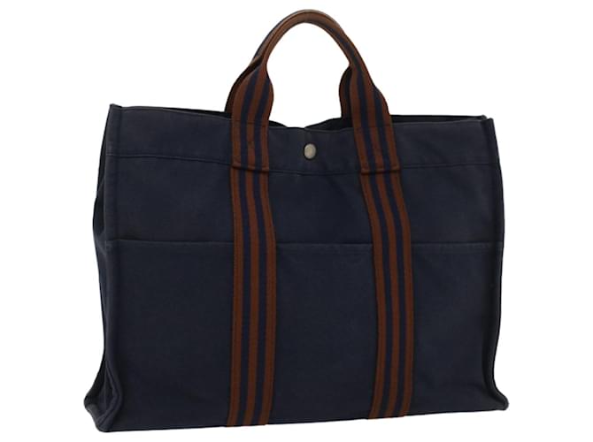 Hermès HERMES cabas MM Tote Bag coton Marine Marron Auth 51875 Bleu Marine  ref.1046855