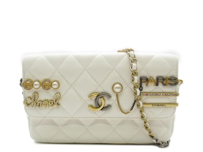 Chanel White Lambskin Pearl Signature Flap Phone Holder Leather