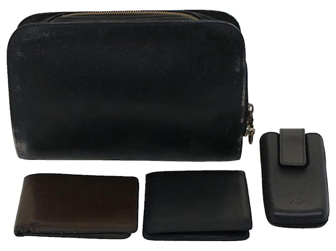 LOUIS VUITTON Taiga Leather Clutch Bag Wallet 4Set Black Brown LV Auth bs7463  ref.1047491