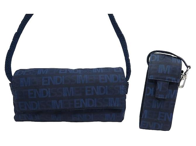 VINTAGE LOT FENDI FENDISSIME BAGUETTE BAG + CANVAS HAND BAG CASE Navy blue Cloth  ref.1047826
