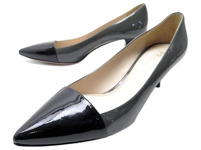PRADA SHOES PUMPS 37.5 38.5 TWO-TONE GRAY & BLACK PATENT LEATHER SHOES  ref.1047880