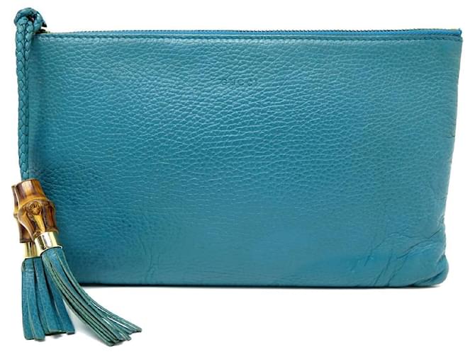 GUCCI BAMBOO POMPOM POUCH HANDBAG 449652 TURQUOISE POUCH LEATHER KIT  ref.1047901
