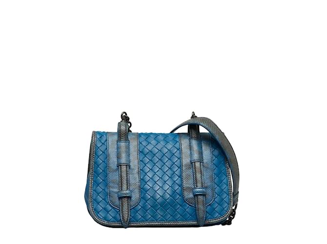 Bottega Veneta Intrecciato Leather Flap Crossbody Bag Blue  ref.1047965