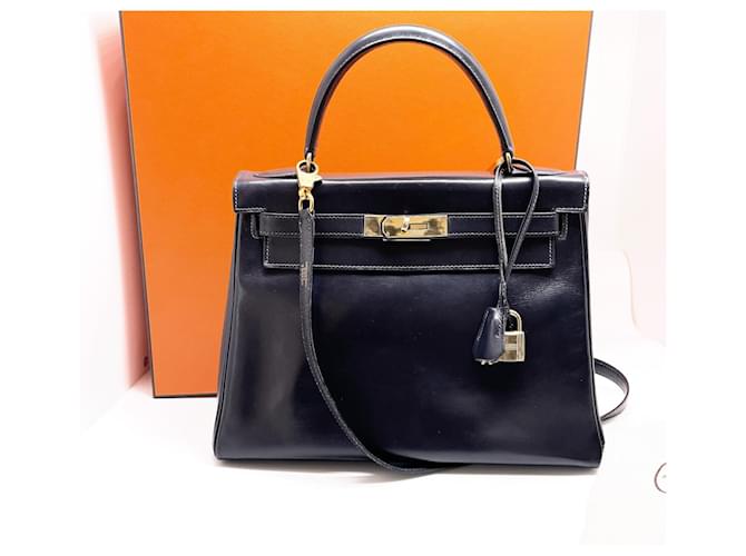 Hermès Hermes Kelly Returned Box-Tasche aus Leder in Blau 28 cm zurückgegeben Marineblau  ref.1048647