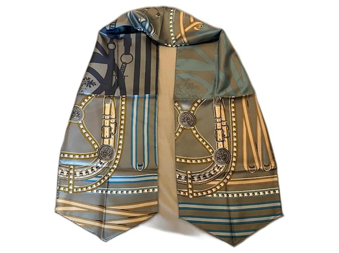 Hermès Grand Tralala silk scarf Golden Grey Light blue  ref.1048651