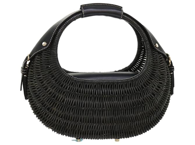 Salvatore Ferragamo Basket Hand Bag Straw Leather Black Auth 47057  ref.1048685