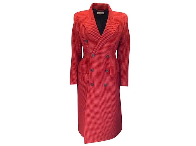Balenciaga Rouge 2019 Manteau doublé en laine à motif pied-de-poule et sablier  ref.1048714