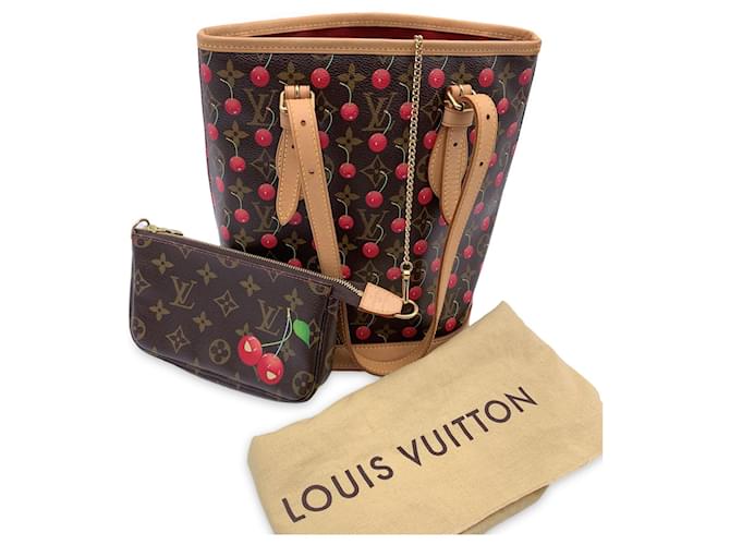 Bucket Louis Vuitton Bolso bombonera Murakami con monograma y cerezas de edición limitada Castaño Lienzo  ref.1048746