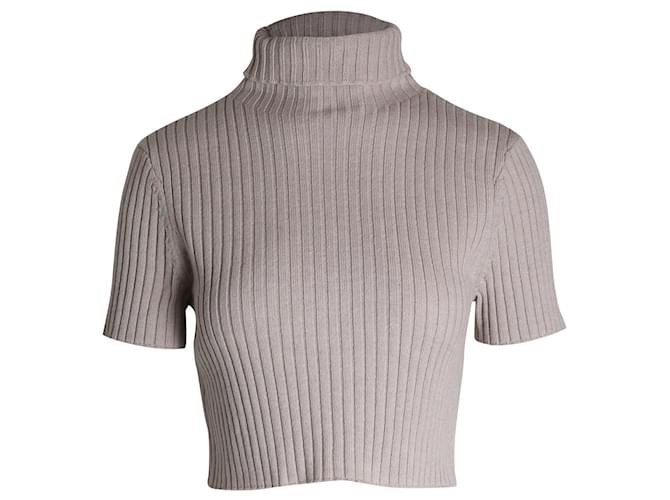 Staud Short-Sleeved Turtleneck Knitted Cropped Top in Beige Merino Wool  ref.1049225
