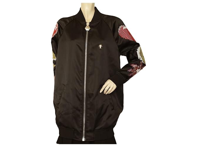 Philipp Plein Black Arcade Pac-man Heart Rhinestones Long Jacket size S Nylon  ref.1049568
