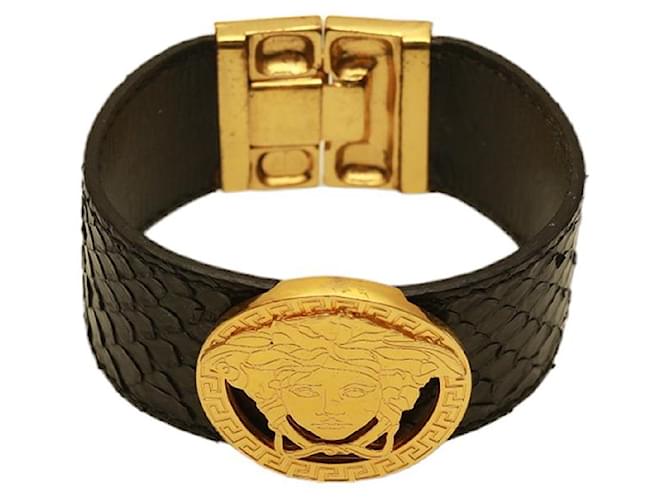 Versace Vintage Medusa Head Meander Bracelet en cuir peau de serpent menthe Cuirs exotiques Noir  ref.1050063