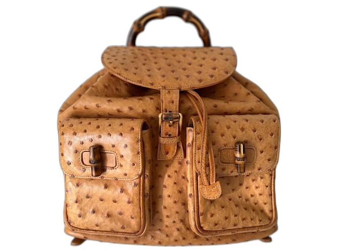 RARE Gucci ostrich bamboo backpack - 90S Light brown Exotic leather  ref.1050066