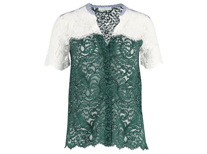 Sandro Paris Spitzenbluse mit V-Ausschnitt und Knöpfen aus grünem und weißem Polyester  ref.1050086