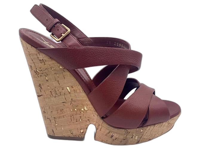 Yves Saint Laurent YSL Deauville Taurillon brown leather wedge sandals Chestnut  ref.1050193