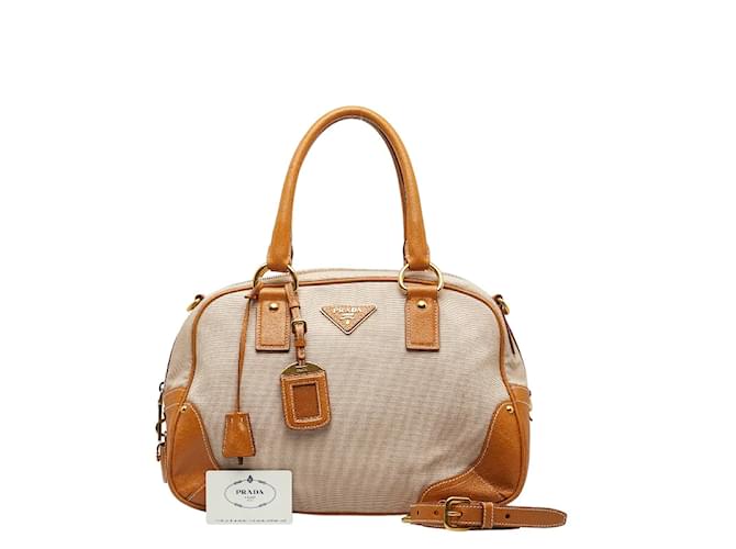 Prada Leather Trimmed Canapa Handbag BT0433 Brown Cloth  ref.1050505