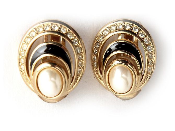 Orecchini Christian Dior Ovali Oro Cristalli e Perle Finto D'oro