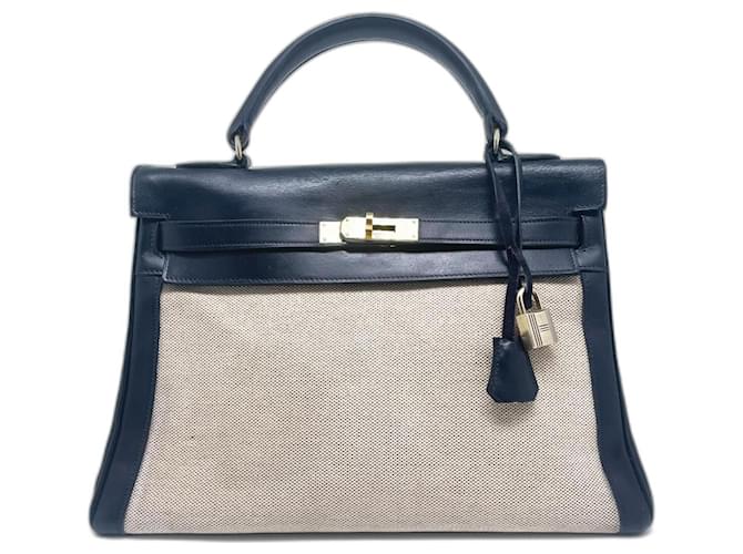 Hermès Kelly bag 32 Navy blue Leather Cloth  ref.1052461