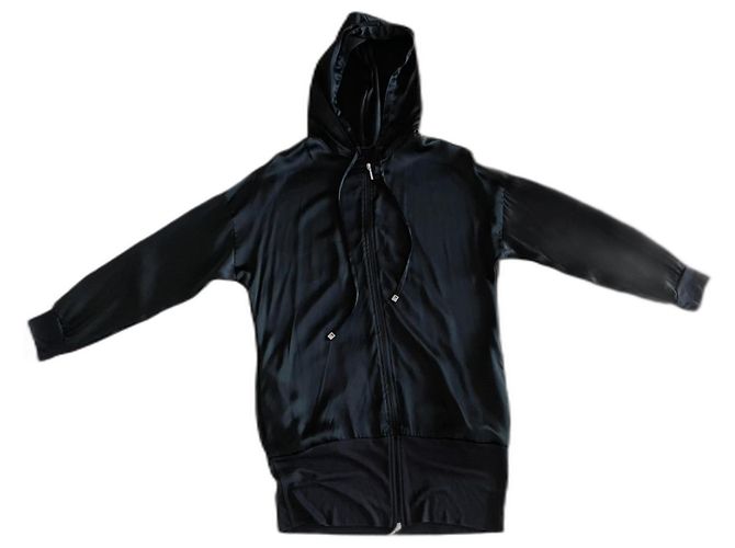 Adolfo Dominguez Giubbotto lungo nero con cappuccio e zip in seta e lyocell T.S