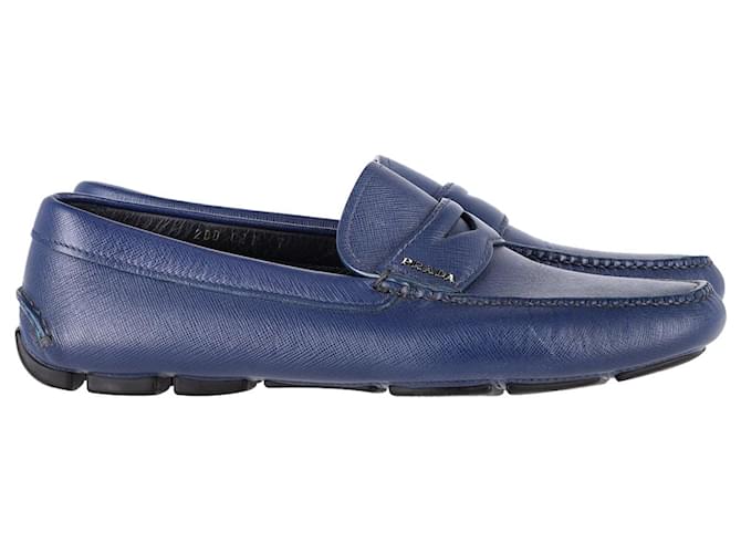 Prada Logo Penny Loafers in Blue Leather  ref.1052995