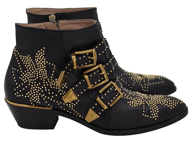 Chloé Susanna Studded Ankle Boots in Black Leather Pony-style calfskin  ref.1052996