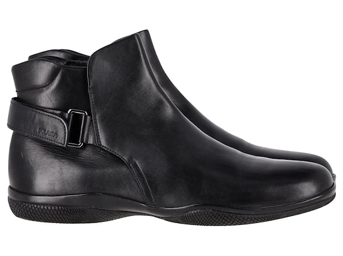 Prada Buckle Strap Ankle Boots in Black Brushed Leather  ref.1053010