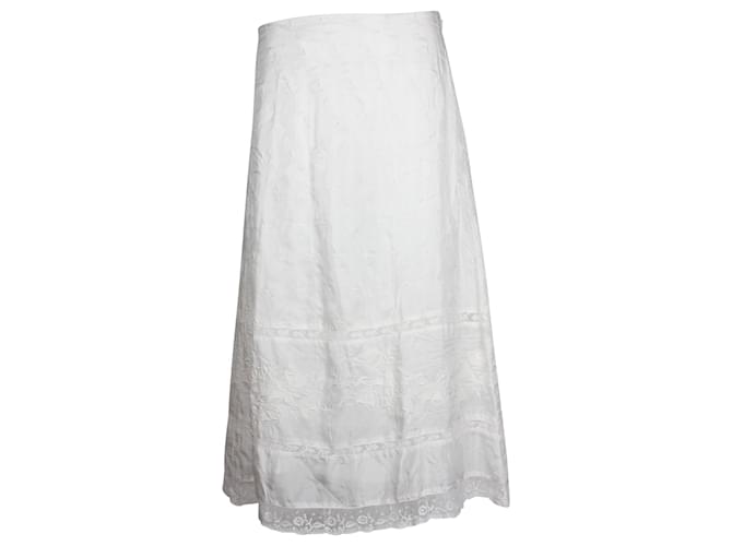 Loveshackfancy Ivoire Crochet-Trimmed Embroidered Midi Skirt in White Silk Cotton  ref.1053026