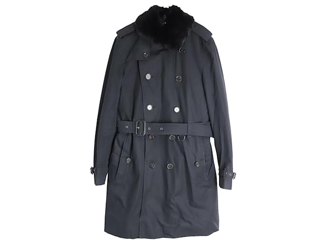 Burberry Fur-Trimmed Collar Double-Breasted Trench Coat in Black Cotton  ref.1053107