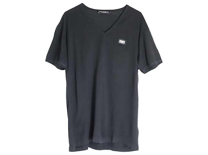 Dolce & Gabbana Patch Logo V-neck T-shirt in Black Cotton  ref.1053132