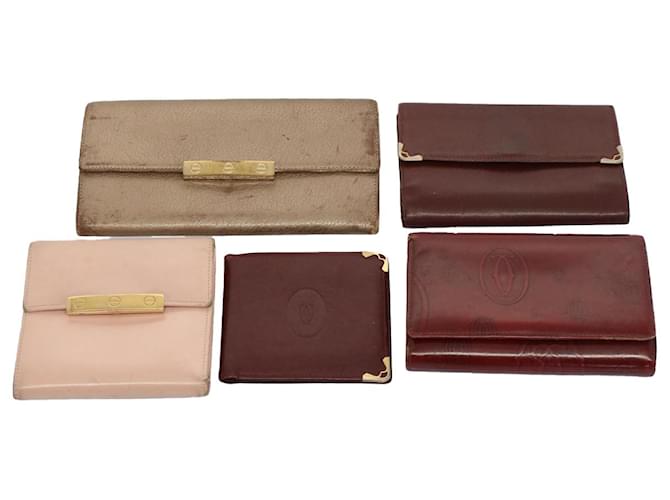 CARTIER Wallet Leather 5Set Wine Red Pink beige Auth yb338  ref.1053589