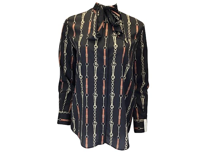 Autre Marque Rokh Black Multi Chain Print Tie-Neck Long Sleeved Blouse Polyester  ref.1053840