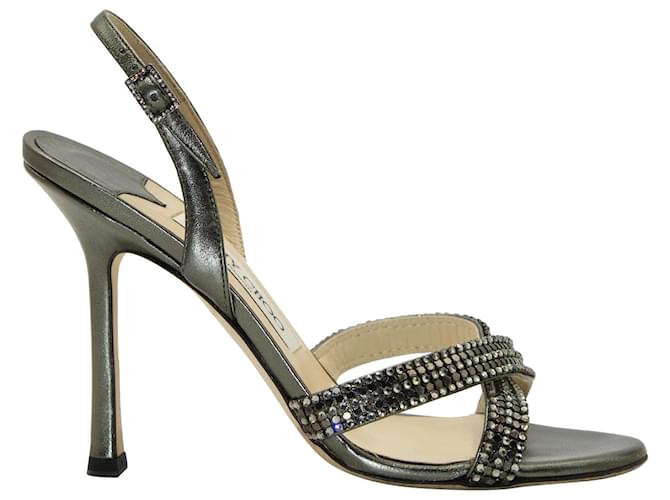 Jimmy Choo Sandales à Brides Croisées Ornées de Cristaux en Cuir Gunmetal Argenté Métallisé  ref.1054599