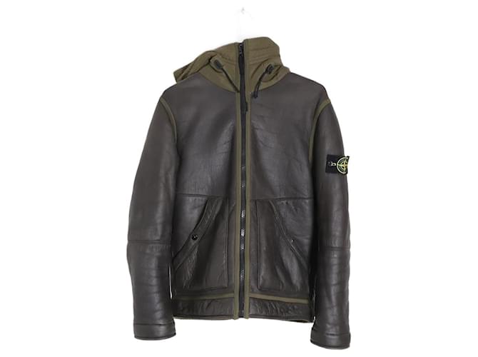 Stone Island Front Zip Hooded Jacket in Brown Sheepskin Leather  ref.1054616