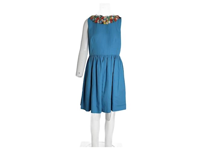 RED Valentino Sleeveless Mini Dress with Leather Floral Neckline in Blue Cotton  ref.1054628