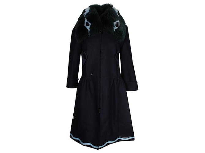 Fendi Fox Fur Collar Coat in Navy Blue Lana Vergine Wool  ref.1054684