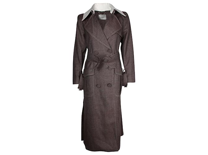 Fendi Gingham Trench Coat in Brown Virgin Wool  ref.1054687