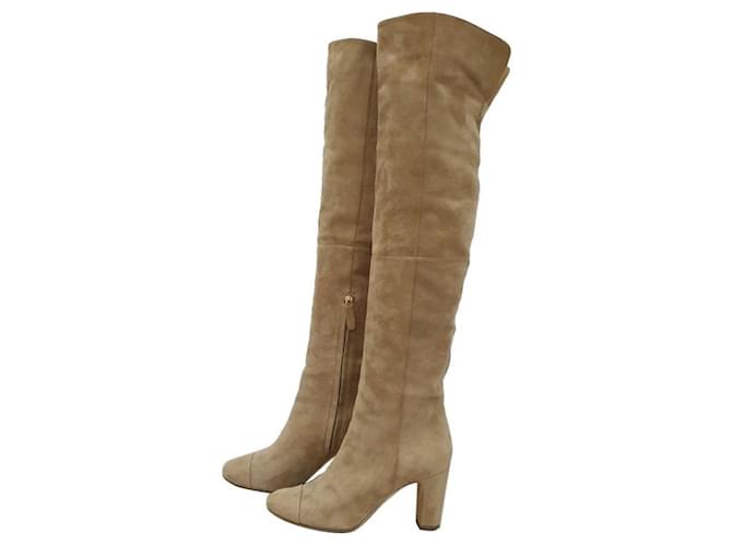 CHANEL Beige Suede Cap Toe CC Thigh High Over The Knee Tall Boots  ref.1054719