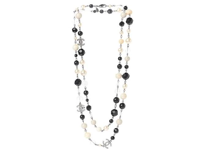 Chanel 11a, 2011 Fall Crystal CC Pearl And Stone Bead Long Multi Color Necklace Black Beige Silver hardware Ceramic Chain Acetate  ref.1054864