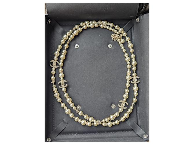 Chanel CC C23A Star Crystal Logo Pearl Long conditionment Necklace Box White Metal  ref.1054867