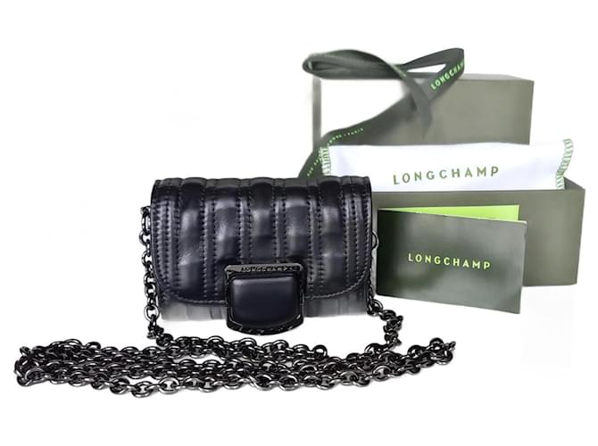 Longchamp Porta-cartões em corrente preta. Modelo “Brioche” Preto Pele de cordeiro  ref.1054882