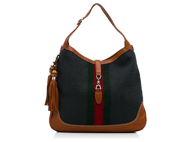 Gucci Gray Large Wool New Jackie Web Hobo Brown Grey Dark