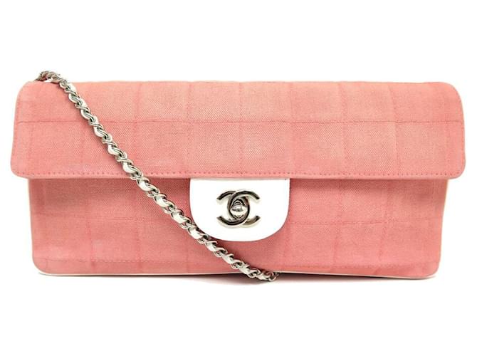 VINTAGE CHANEL EAST WEST CHOCOLATE BAR PINK CANVAS HAND BAG Cloth  ref.1055416