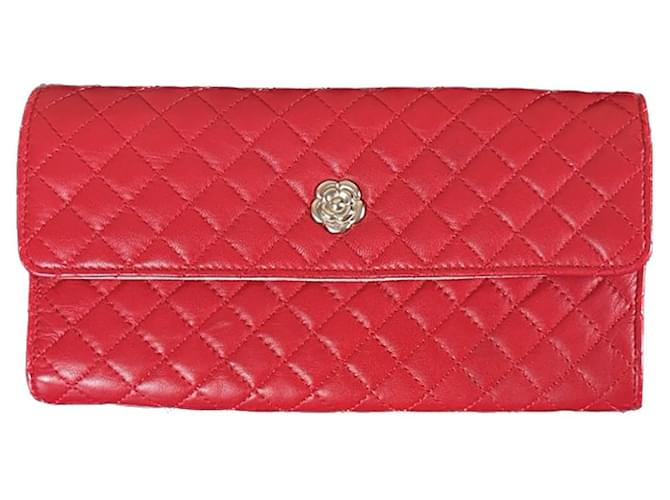 Chanel Portefeuille pochette CC Camellia rouge Cuir  ref.1055557